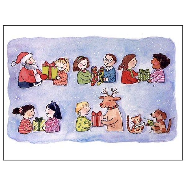 holiday cards, Christmas cards, illustrated holiday cards, charming holiday cards, sharing gifts holiday card