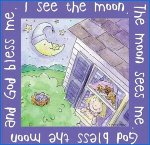 A child 's picture of the moon and stars.