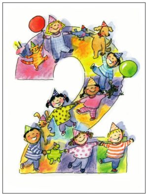 A number two with children in party hats and balloons.