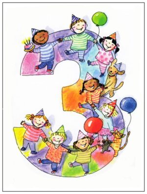 A number three with children in party hats.
