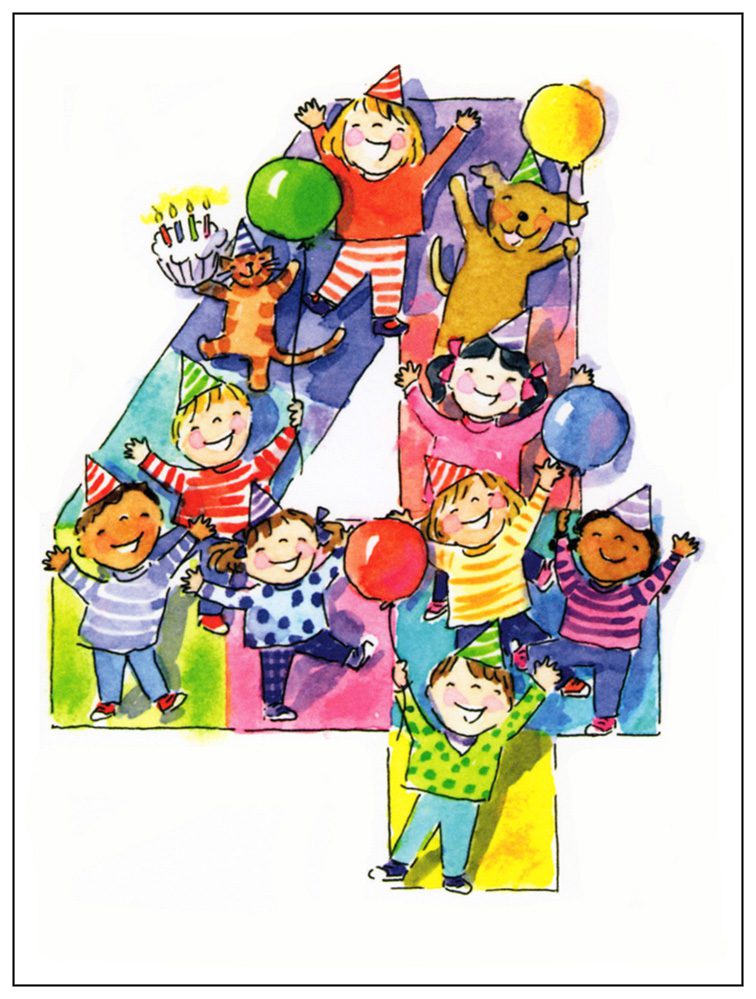 A 1st birthday card with children holding balloons and a number 4.