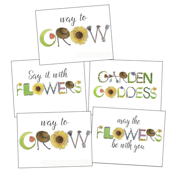 A set of 5 Garden Cards Package with the words, way to grow, garden, and goddesses.