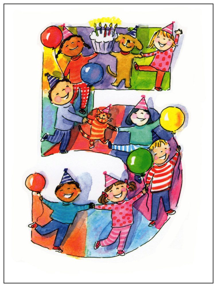 A 1st birthday card with children holding balloons and the number five.