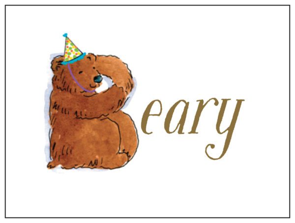 A brown bear with a party hat on his head.