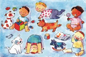 A group of children playing with toys and dogs.
