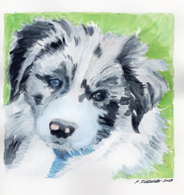 A painting of a dog with blue eyes.