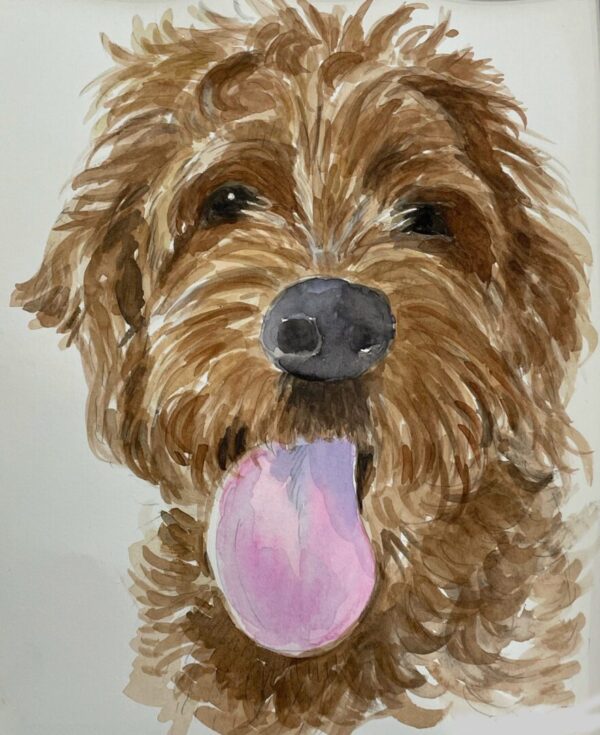 A brown dog with its tongue hanging out.