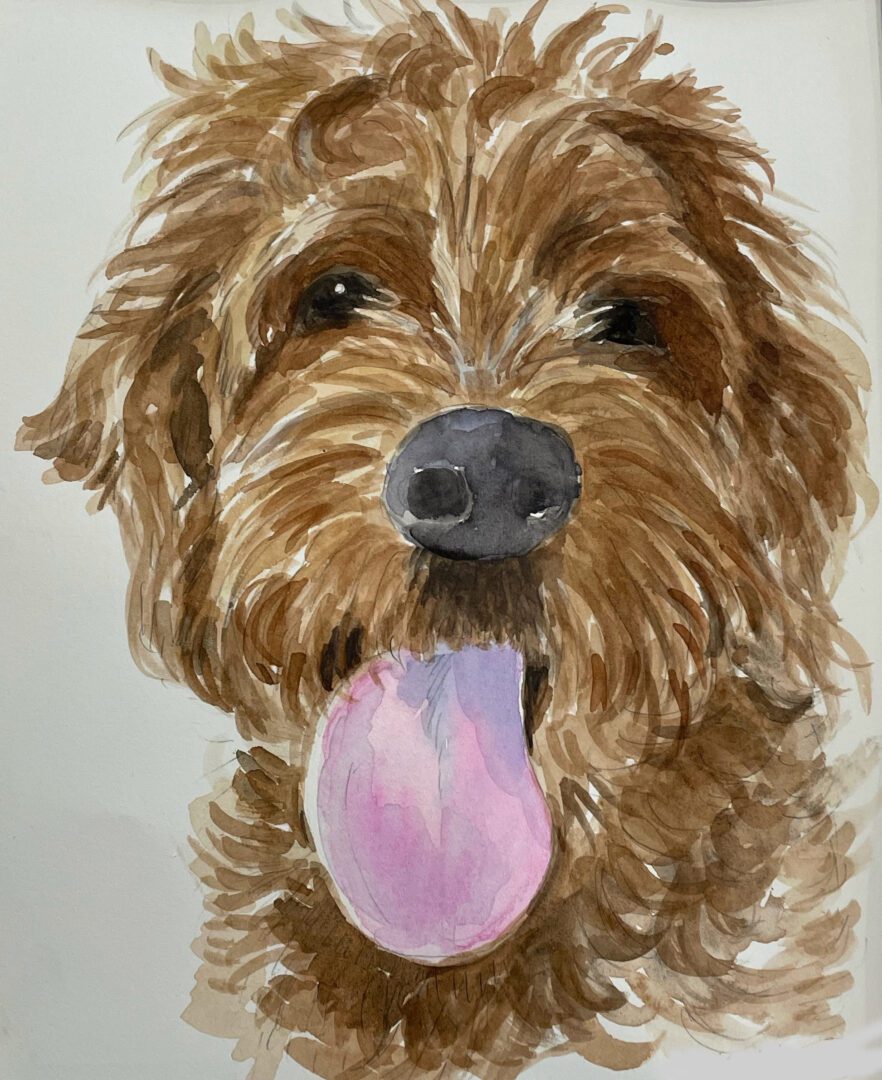 A Watercolor Pet Portraits of a brown dog with its tongue out.