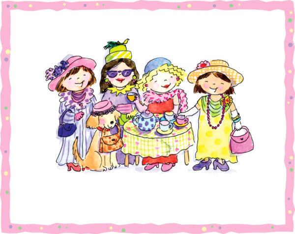 Illustration of young girls dressed up as older women