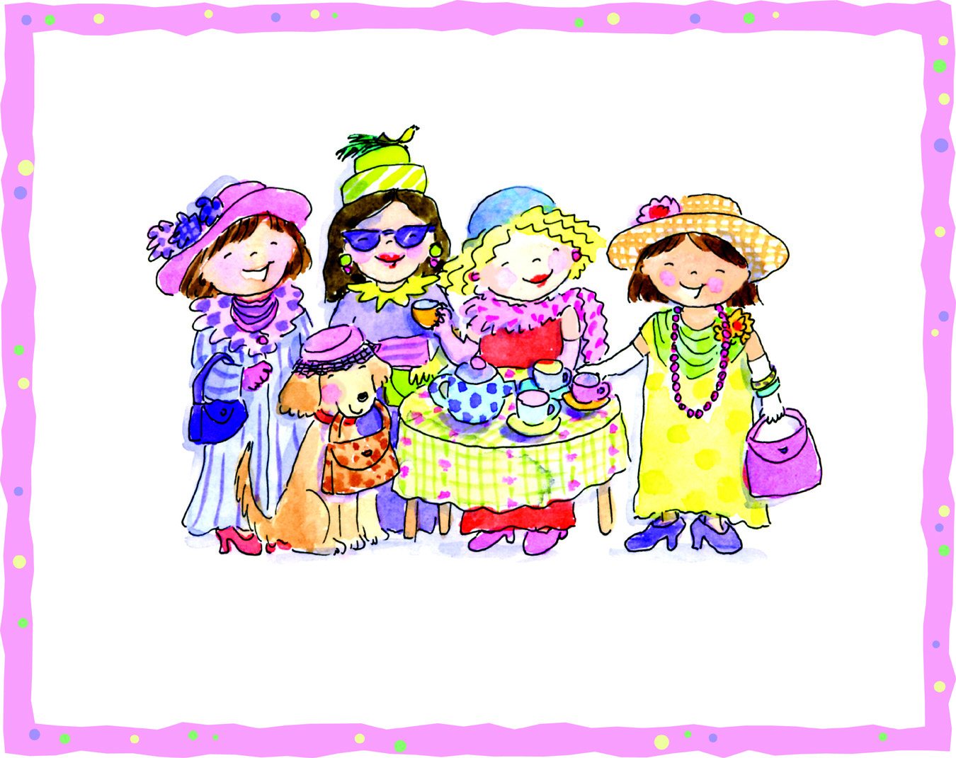 A cartoon image of "Dress Up Girls Birthday Party Invitations" with hats and a dog.