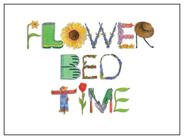 A flower bed time logo with flowers and grass.