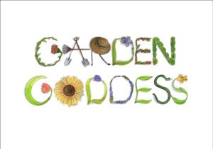 A garden goddess logo with flowers and utensils.