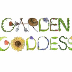 A garden goddess logo with flowers and utensils.