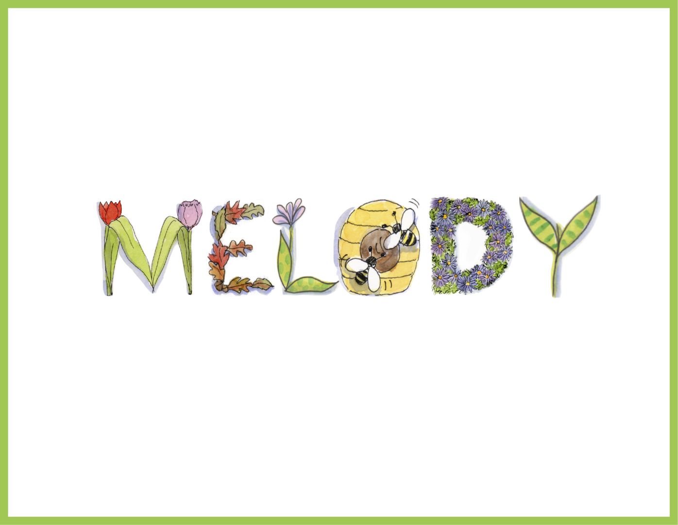 A picture of the word melody with a May The Flowers Be With You Greeting Card and flowers.