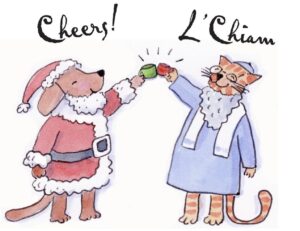 A dog and cat are toasting with champagne.