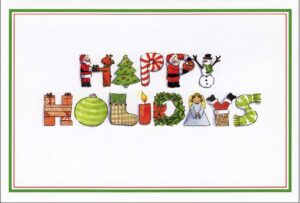 A happy holidays card with various holiday decorations.