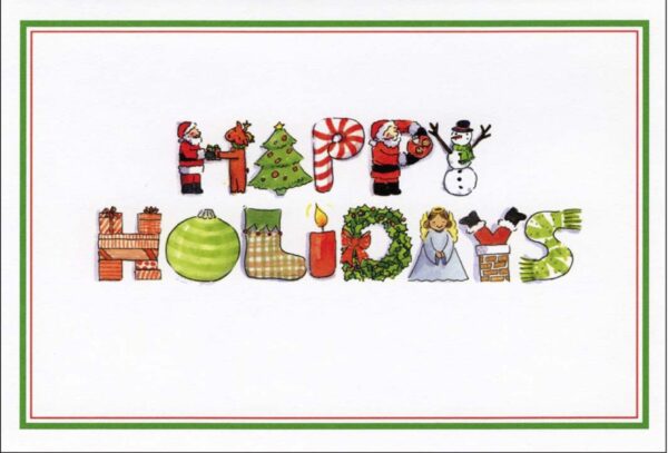 A happy holidays card with various holiday decorations.