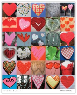 A collage of hearts with different colors and shapes.