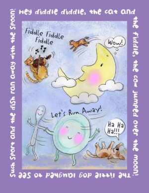 A cartoon of some animals and a moon