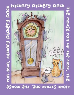 A cartoon of a cat and mouse looking at an old grandfather clock.