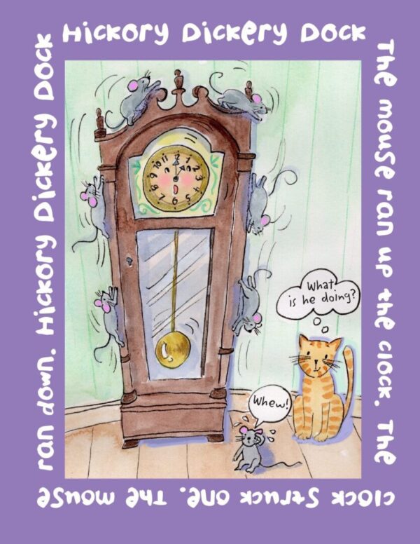 A cartoon of a cat and mouse looking at an old grandfather clock.