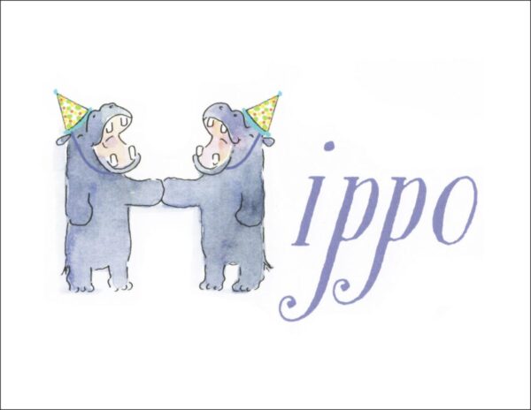 Two hippos holding hands, party hats.