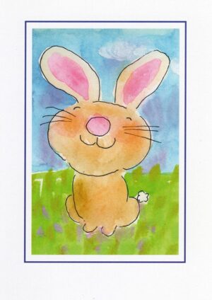 A painting of an animal with pink ears