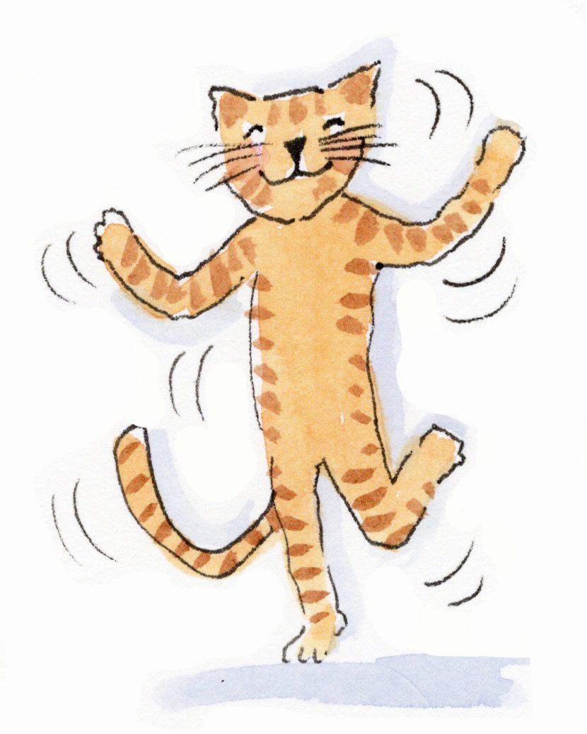 A drawing of a cat dancing on a white background from the 2024 A Catty Year Calendar.