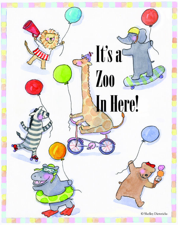 A poster of various animals with balloons and a zebra.