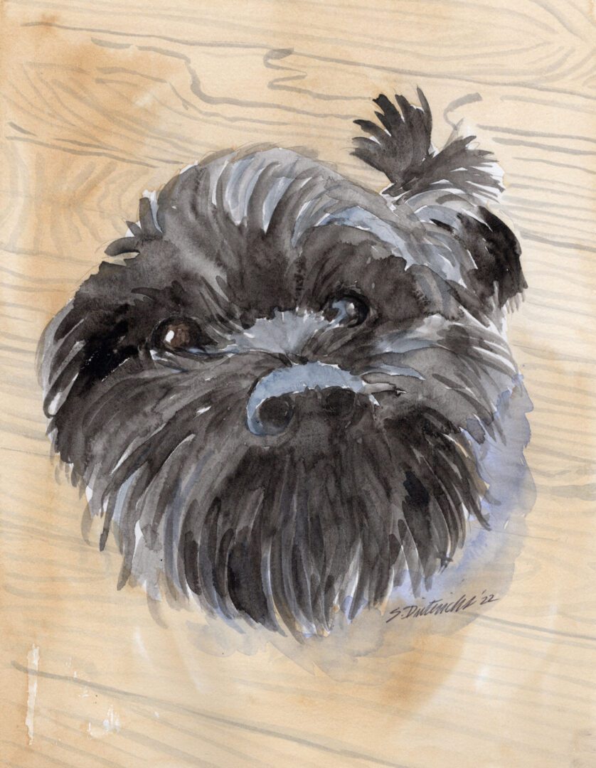 A watercolor pet portrait of a black dog laying on a wooden floor.