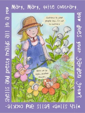 A girl is in the garden with flowers.