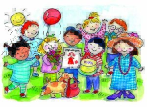 A group of children with balloons and flowers.