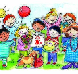 A group of children with balloons and flowers.