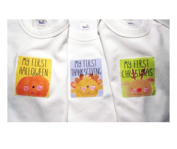 Three baby shirts with a picture of the first halloween, thanksgiving and christmas.