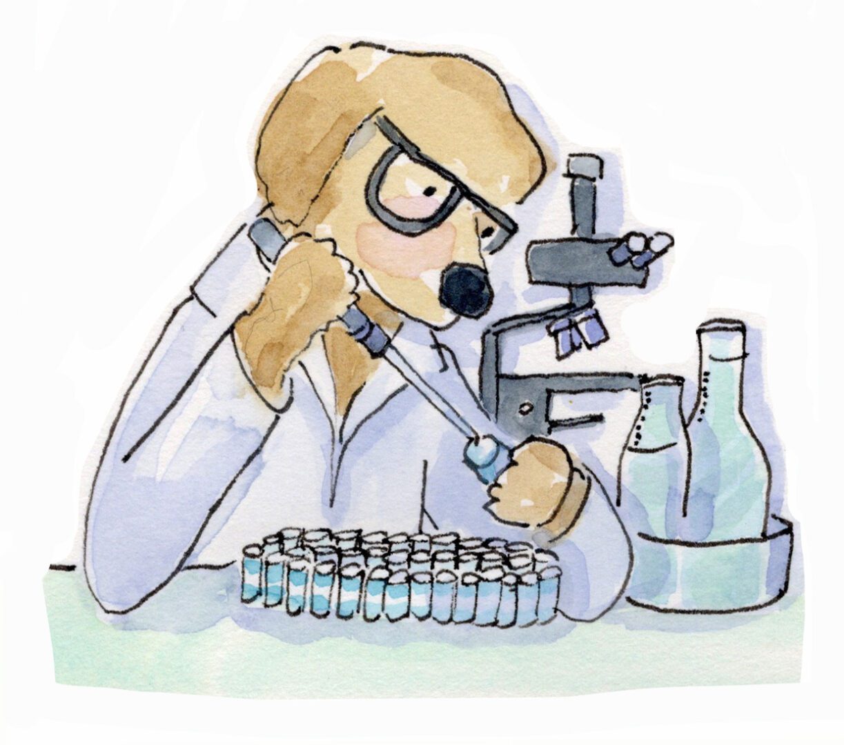 A cartoon illustration of a dog in a lab coat from the 2024 A Dog Of A Year Calendar.