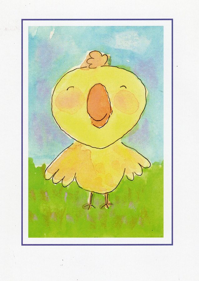 A watercolor painting of a yellow chick standing in the grass, featuring Honey Bunny Tees or Onesies.