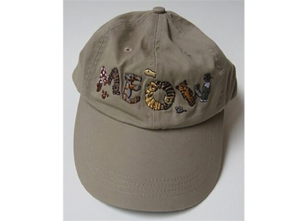 A tan Baseball Cap - Cat MEOW with the word 'moon' embroidered on it.