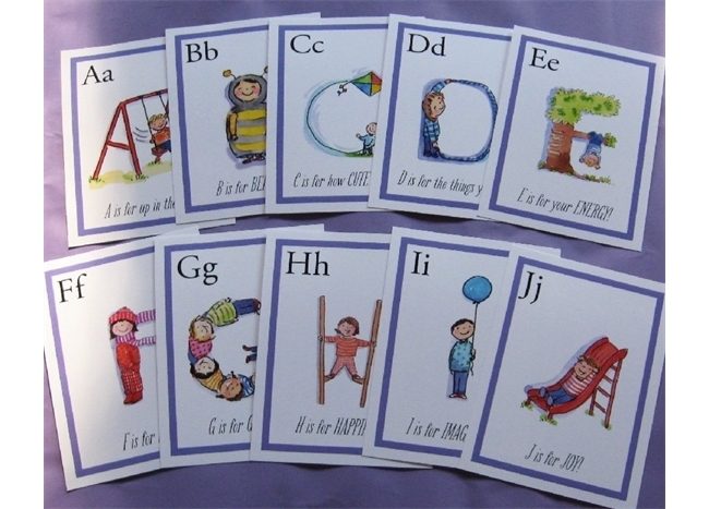 A set of Alphabet Flash Cards with children on them.