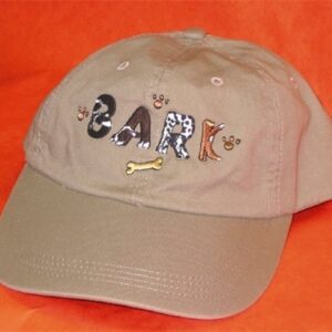 A tan hat with the word " bark " written on it.