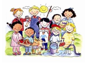 A group of children with various items in their hands.