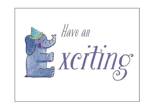 A blue elephant with a party hat on.