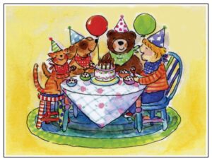 A group of dogs and bears sitting at a table with cake.