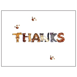 A cat 's paw prints are on the ground behind the word " thanks ".
