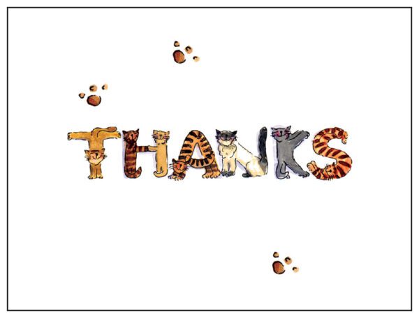 A cat 's paw prints are on the ground behind the word " thanks ".