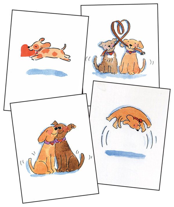 A set of four Valentines - Dog Lovers showing dogs playing with each other.