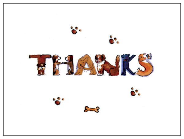A dog 's paw prints are spelled out in the letters of the word " thanks ".