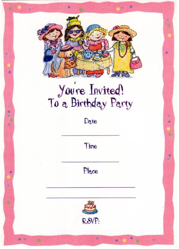 A birthday party invitation with children and toys.