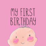 A pink card with an image of a baby