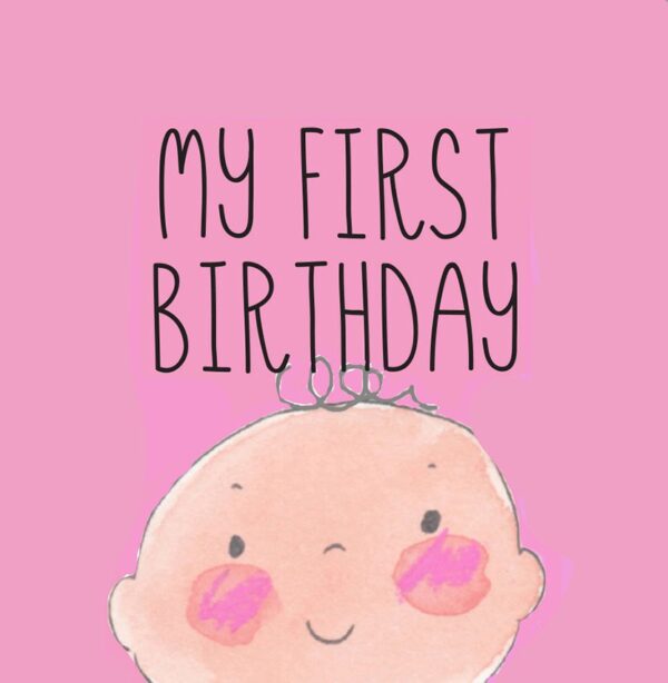 A pink card with an image of a baby
