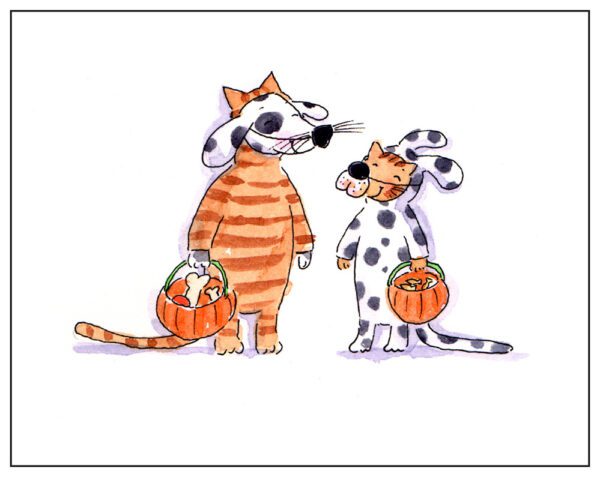 A cat and dog dressed up for halloween.